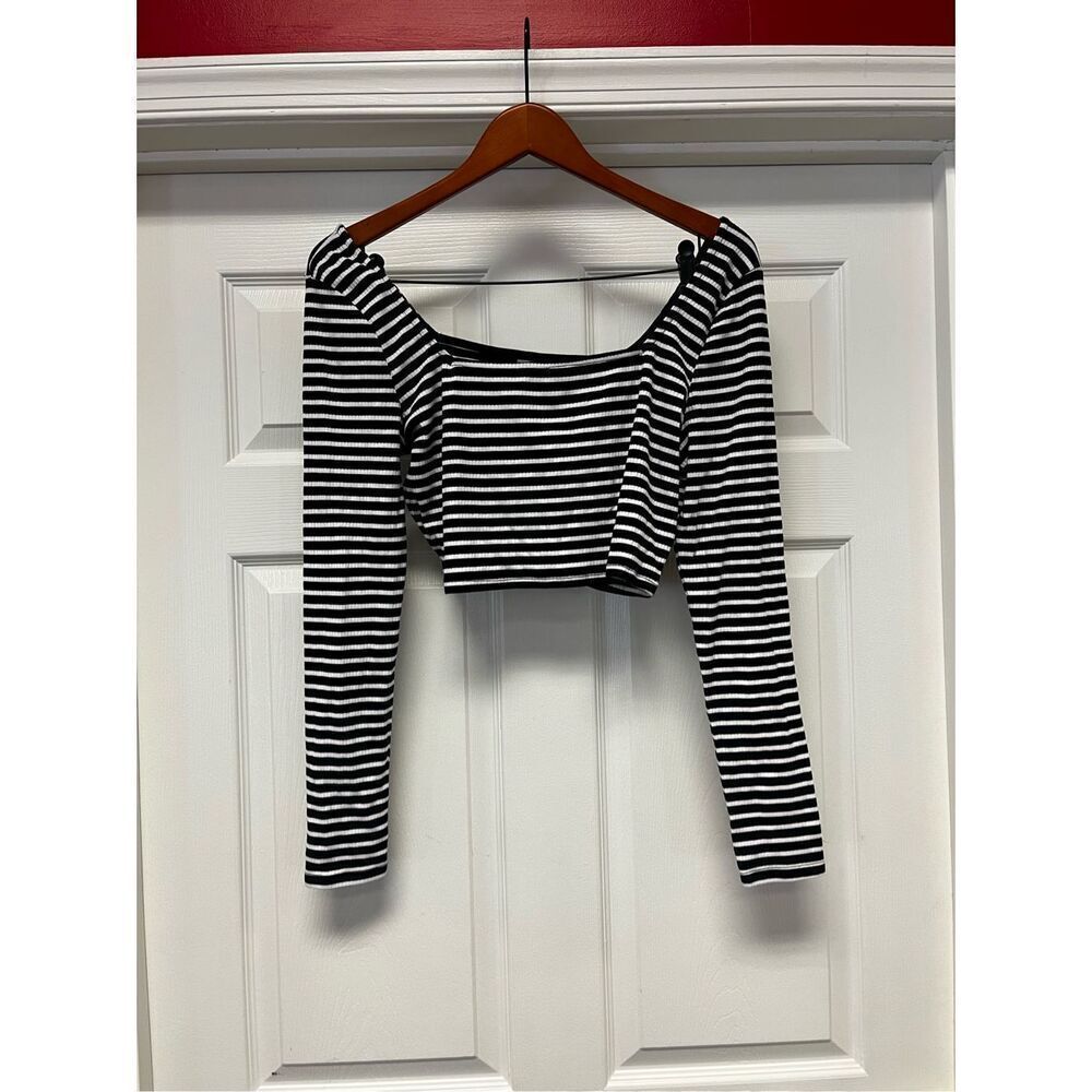 ASOS Black & White Ribbed Cropped Square Neck Long Sleeve Top sz 12 EUC